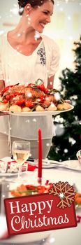 Cheerful woman bringing a roast chicken at table against greetings board