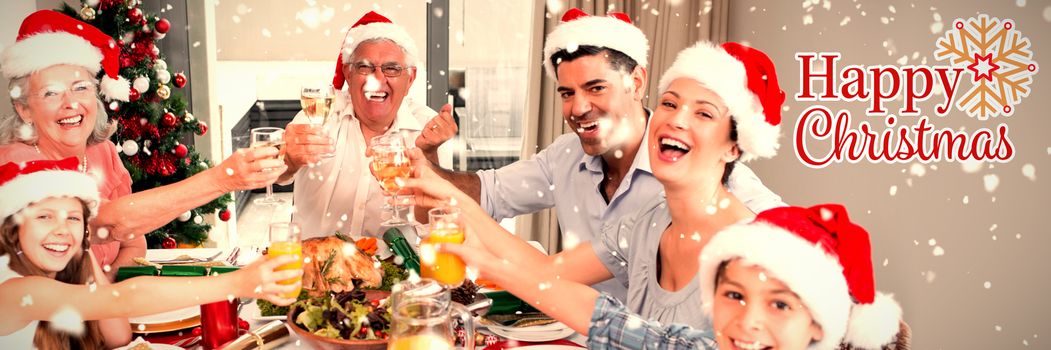 Family in santas hats toasting wine glasses at dining table against christmas card