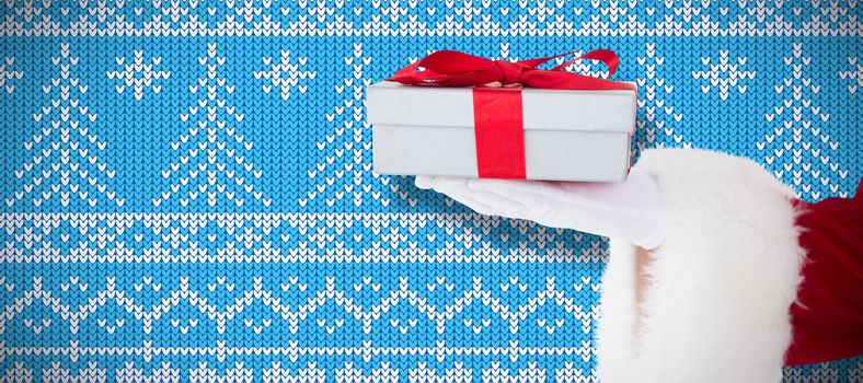 Santa claus showing gift with red ribbon against knitting christmas vector background christmas tree
