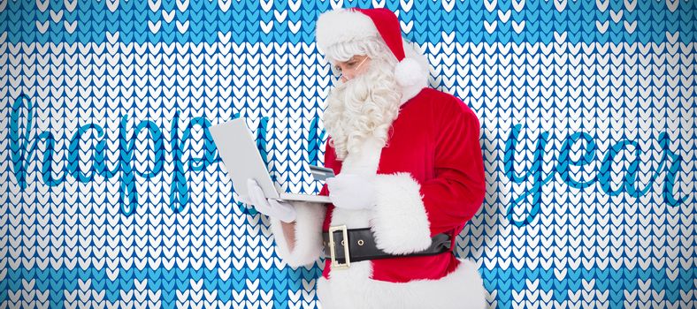 Santa claus shopping online with laptop  against knitting christmas vector background happy new year