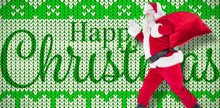 Positive santa with a sack and thumbs up against green and white christmas pattern wallpaper