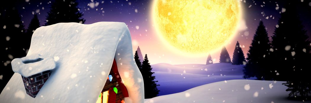 Snow falling against christmas house under full moon