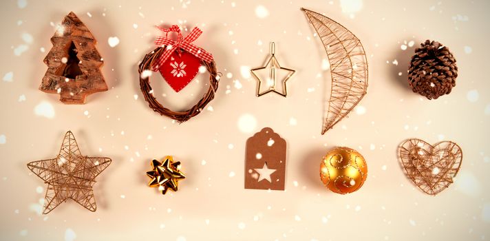 Snow falling against christmas decorations in a square shape