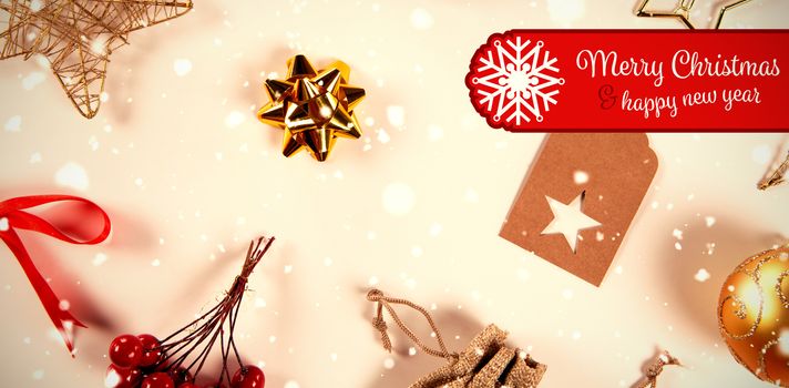 Banner Merry Christmas against close-up on several christmas ornaments