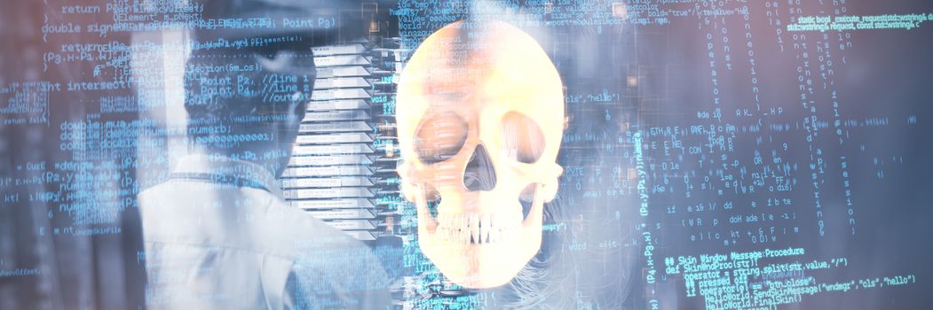 Blue data against orange human skull