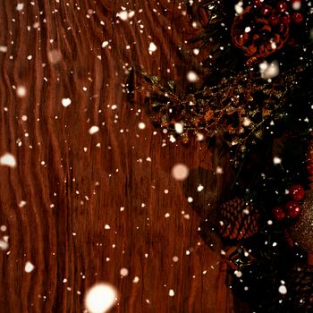 Snow falling against copy space with christmas rustic decorations