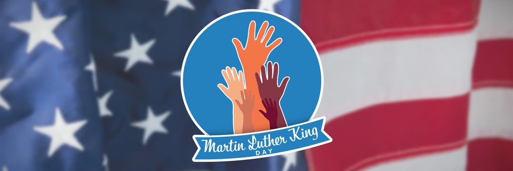 Martin Luther king day with hands against flag with stripes and stars