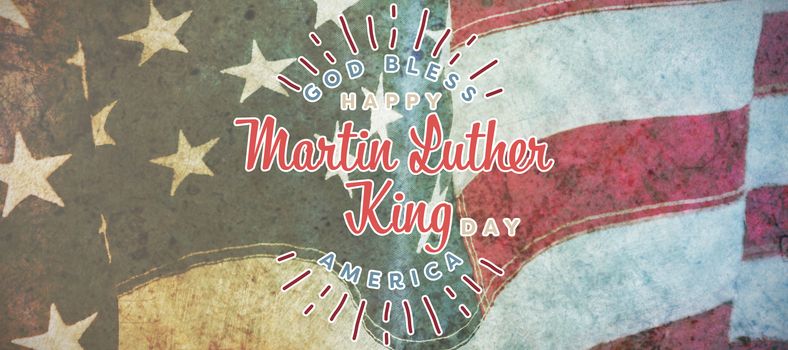 happy Martin Luther King day, god bless america against flag with stripes and stars