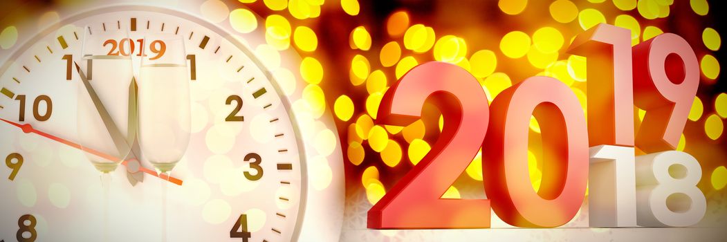 Composite image of numbers changing from old to new year against unfocused yellow christmas light