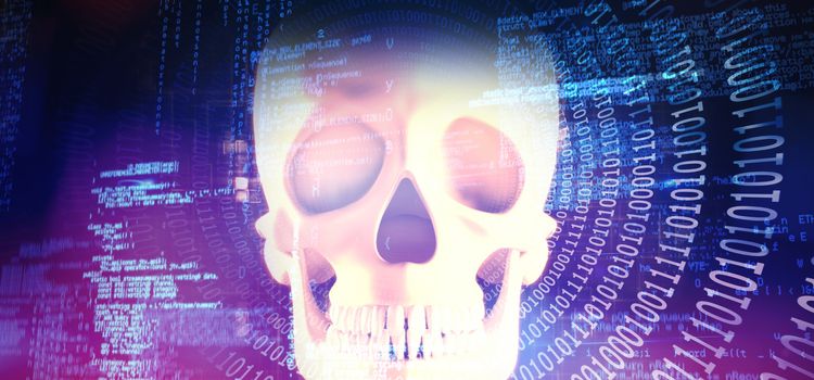 Blue codes against orange human skull