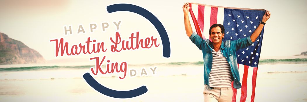 happy Martin Luther King day against full length of happy man carrying american flag 