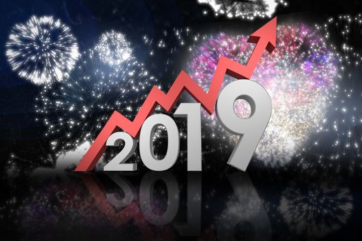 Three dimensional numbers with red arrow against colourful fireworks exploding on black background