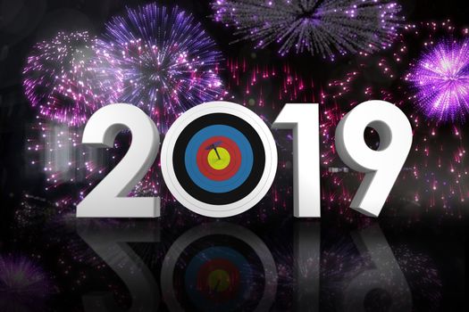 Numbers with sports target and arrow against colourful fireworks exploding on black background