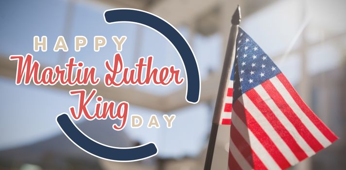 happy Martin Luther King day against american nationa; flag in restaurant