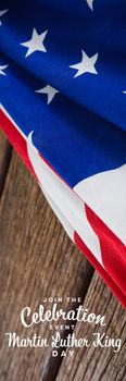 join the celebration event Martin Luther King Day against american flag on a wooden table
