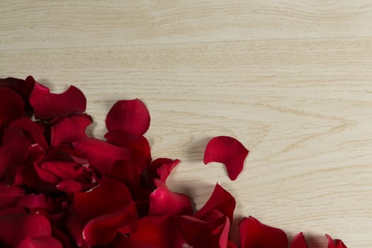 Close-up of rose petals on wooden table