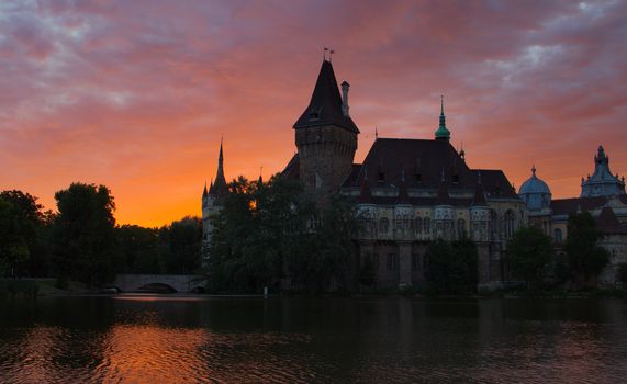 Budapest, Hungary, Vajdahunyad Castle at dawn.