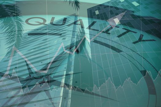 Quality text with graphs and navigational compass against low angle view of office buildings
