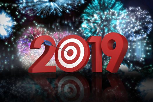 Digitally composite image of number with sports target against colourful fireworks exploding on black background