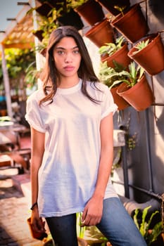 Hipster woman with copy space blank t-shirt for your design