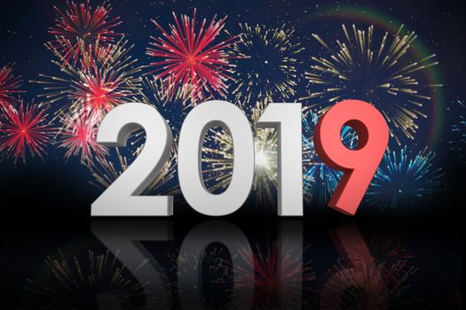Illustration of three dimensional numbers against fireworks exploding over football stadium