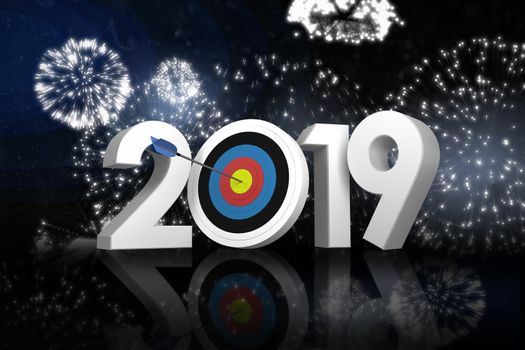 Digital image of numbers with sports target and arrow against white fireworks exploding on black background
