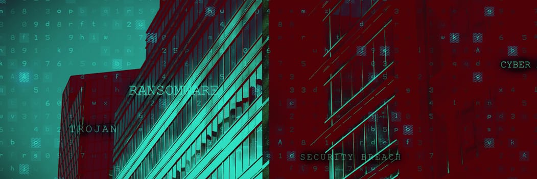Virus background against side view of buildings 