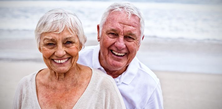 Portrait of smiling senior couple standing on the beach