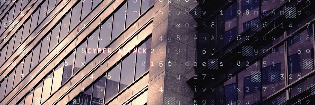 Virus background against close-up of glass office building 