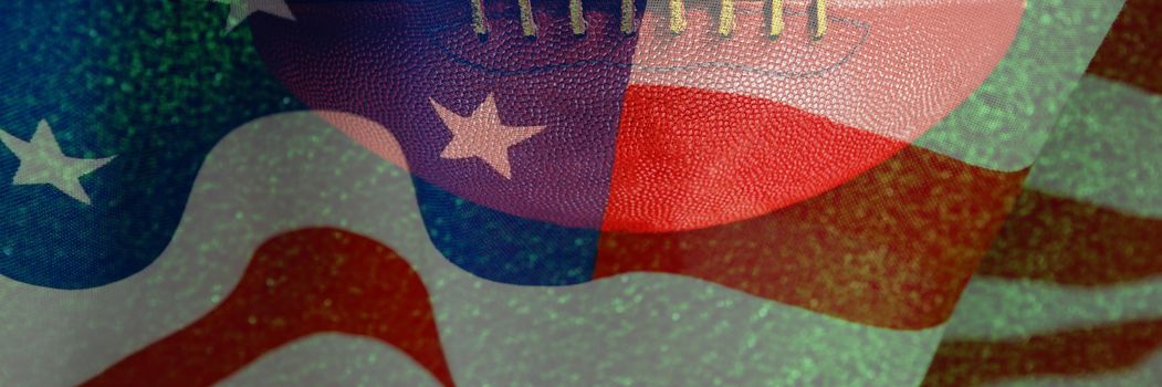Close-up of brown American football against close-up of an american flag