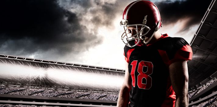 American football player standing in helmet against composite image of sport arena with supporter