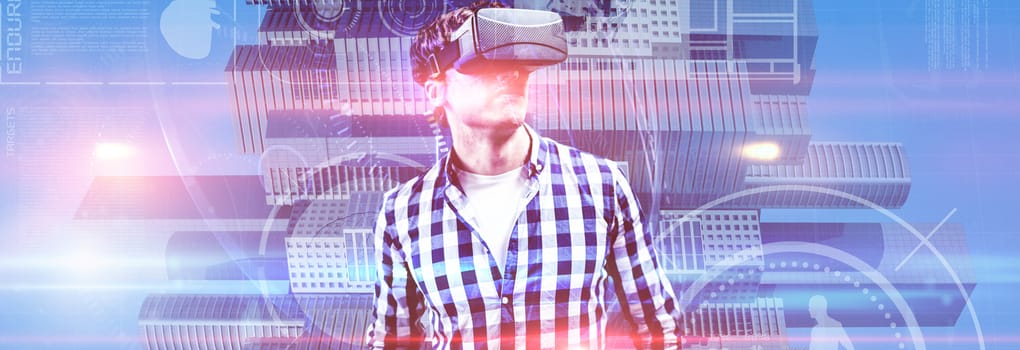 Young man wearing virtual reality glasses against composite image of fitness interface