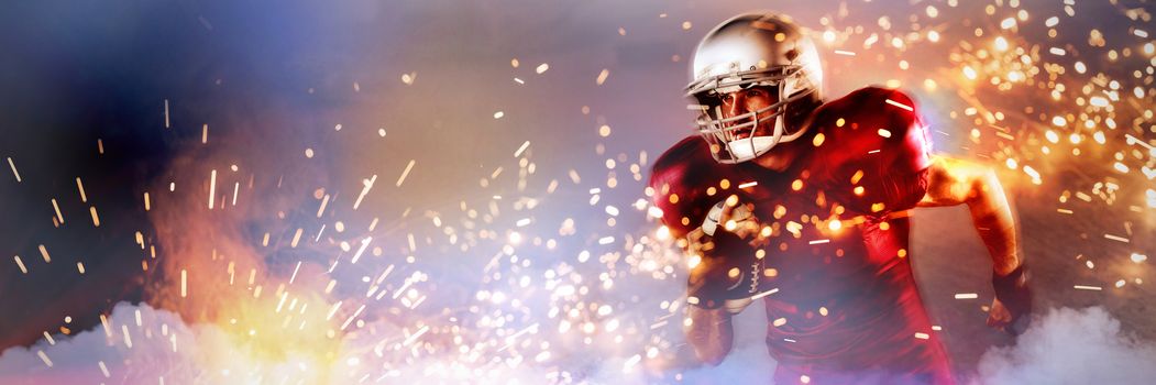 Determined American football player holding ball against firework bursting sparkle background