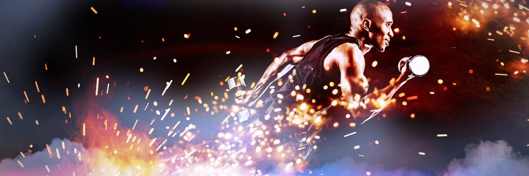 Side view of muscular man running while holding dumbbell against firework bursting sparkle background