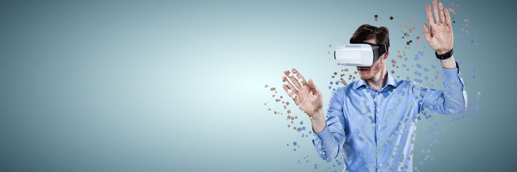 Businessman working with VR against abstract green background,