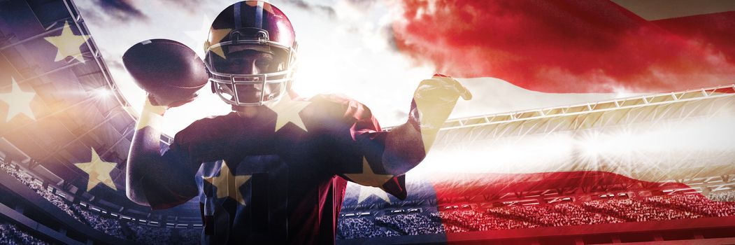 American football player standing with helmet preparing to throw ball against close-up of an american flag