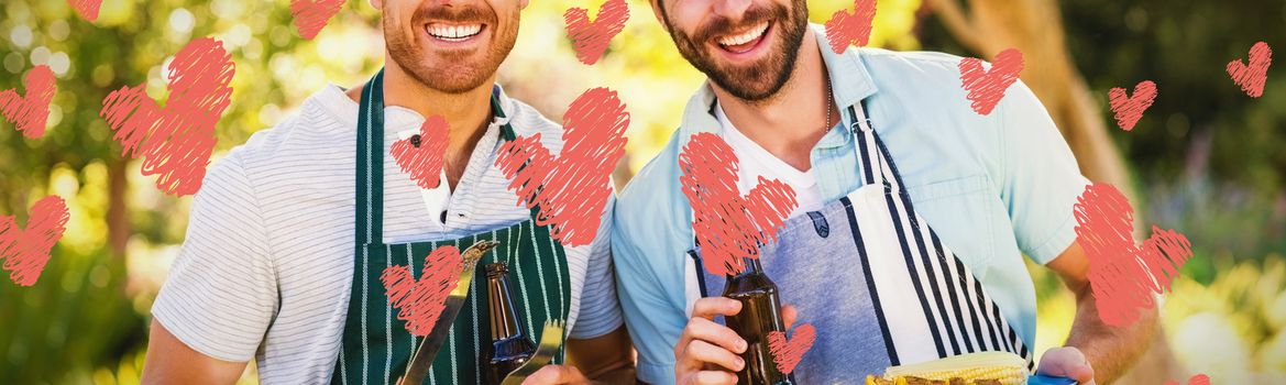 Red Hearts against portrait of two happy men holding barbecue meal and beer bottle
