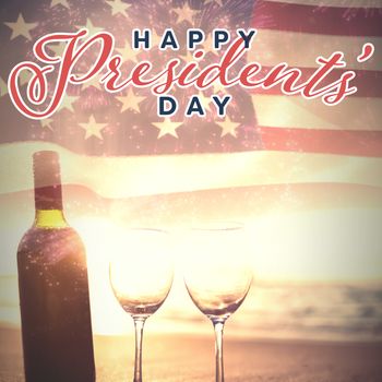 Happy presidents day. Vector typography against wine bottle and glasses
