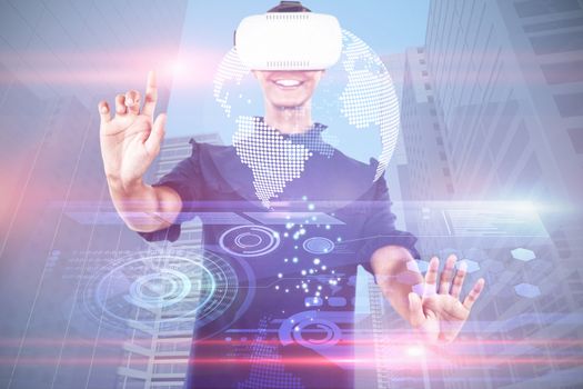 Woman gesturing while using virtual reality headset against futuristic technology interface