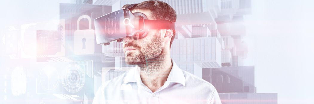 Man with beards using oculus rift headset against composite image of identification interface