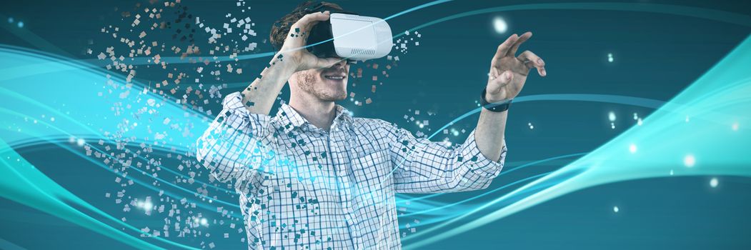 Businessman working with VR against abstract glowing black background