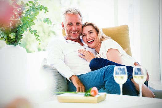 Happy romantic mature couple sitting on armchair at home