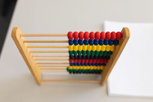 Overhead of abacus and bunch of paper on the desk in school
