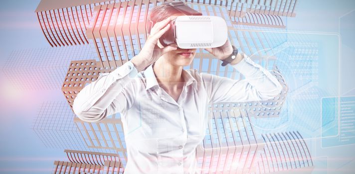 Female executive using virtual reality headset against futuristic technology interface