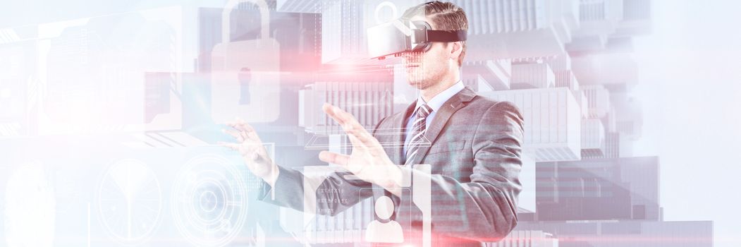 Businessman gesturing while using virtual reality headset against composite image of identification interface