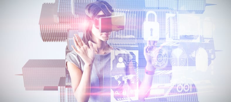 Businesswoman holding virtual glasses on a white background against composite image of security interface