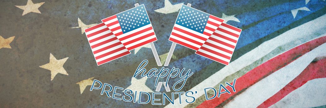 happy presidents day vector typography and two american flags against american flag on a wooden table