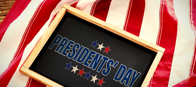 presidents day. Vector typography, stars against american flag with slate on wooden table