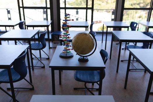 Surface level of a globe and a DNA model immobile on a table in an empty classroom