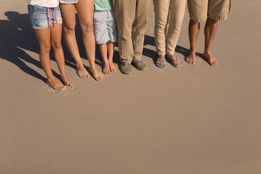 Low section of multi-generation family standing on beach in the sunshine